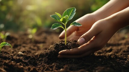 Human hands carefully plant a small seedling in fresh soil