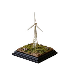 miniature wind turbine model stands on grassy base, showcasing renewable energy in compact form