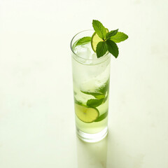 Mint and Lime Iced Mojito Mocktail with Bubbles in Glass