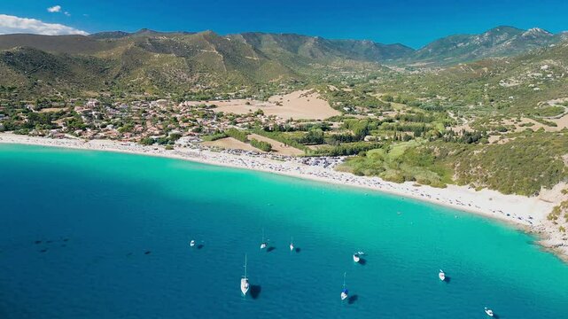 Aerial view of the Solanas beach in the province Sinnai in Sardinia, Italy