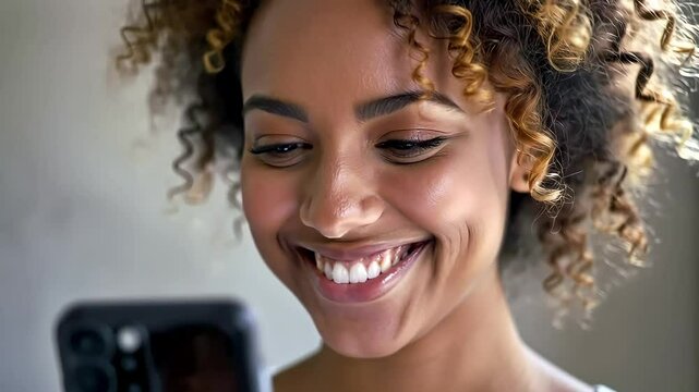 Smiling Woman with Phone.
Cheerful woman with curly hair looks at phone. Concept: joy, digital connection, optimism. Great for ads, blogs, lifestyle apps, customer experience visuals, or beauty conten