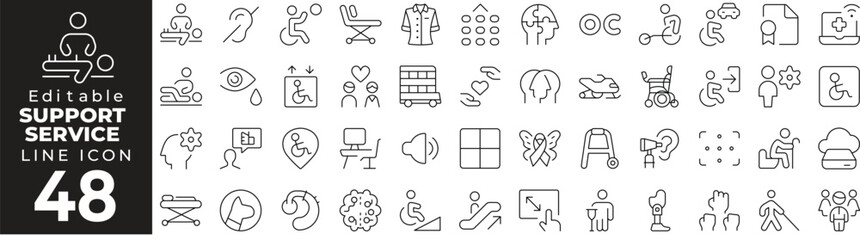 Support Service Icon Set: A Line Icon Collection Featuring Help, Assistance, Customer Service, Chat, Call Center, Support Ticket, Feedback, and More