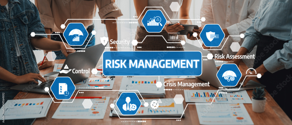 Fototapete Explore effective risk management strategies in business involving data analysis and teamwork showcased through engaging visuals and collaborative tools for enhanced performance. Amity
