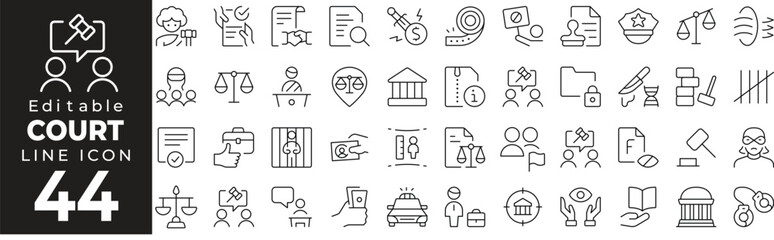 Fototapeta premium Court Icon Set: A Line Icon Collection Featuring Judge, Gavel, Courtroom, Lawyer, Justice, Trial, Law, Verdict, and More