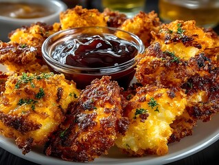 Crispy Fried Mac and Cheese Bites with Dip, Close-up of golden, crunchy mac and cheese bites served with a rich dipping sauce, perfect for snacks or appetizers.

