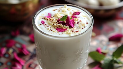 Traditional Indian Lassi with Rose Petals, Close-up of a creamy Indian lassi drink garnished with crushed nuts and dried rose petals in a decorative glass.

