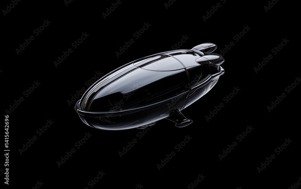 Poster black glossy object levitates against a stark black background. the object has an elongated, almost 