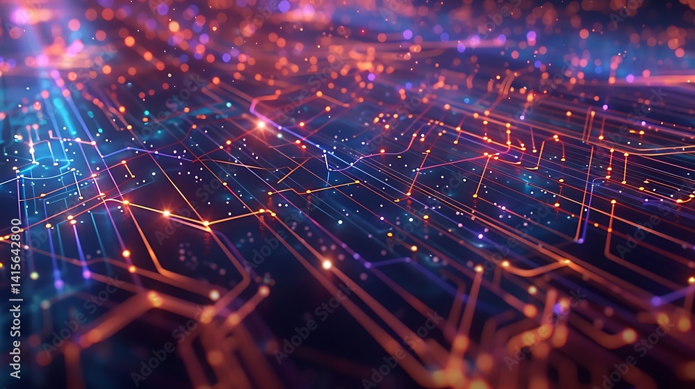 Poster abstract technology background showing a complex grid of glowing orange and blue nodes and connectio