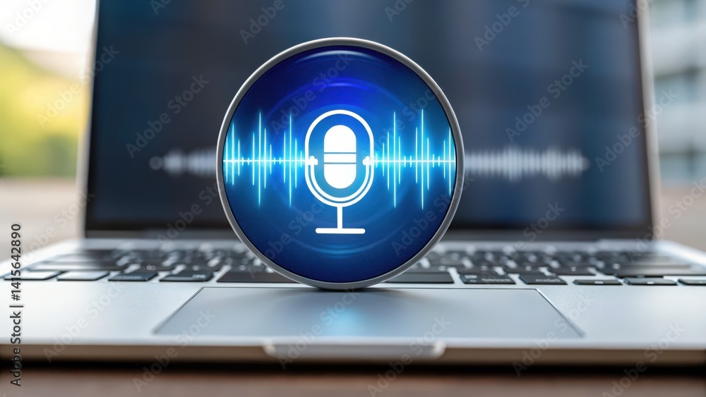 Poster website chat bot , a modern microphone icon on a laptop keyboard, symbolizing voice recognition tech