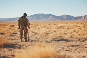 Soldier with metal detector walking through desert terrain on military search mission