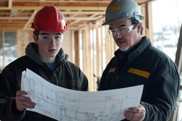Two construction workers in safety helmets reviewing blueprints at building site under construction