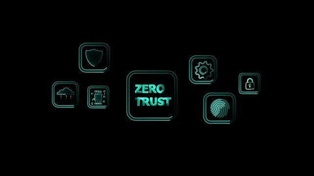 Glowing neon Zero trust security concept. Business information security network. Businessman holding zero trust icon on black screen.