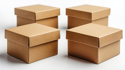 Set of Four Brown Kraft Paper Gift Boxes on White Background
