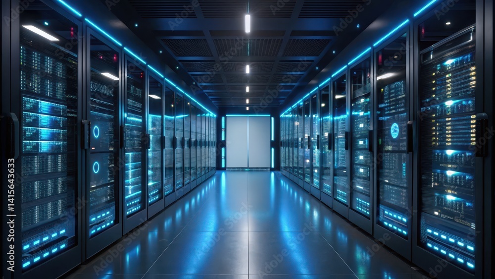 Poster upgrade technology and digital transformation, a futuristic server room with rows of high-tech serve