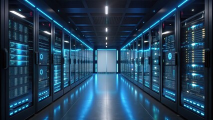 Upgrade technology and digital transformation, A futuristic server room with rows of high-tech servers, illuminated by blue lighting, showcasing a sleek and modern data center environment.