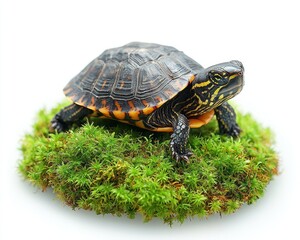 Obraz premium Colorful turtle resting on vibrant green moss, showcasing nature's beauty and tranquility
