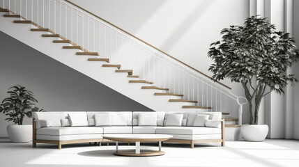 Fototapeta premium A black and white illustration with a large sectional couch before a coffee table, complemented by a plant and a staircase upstairs