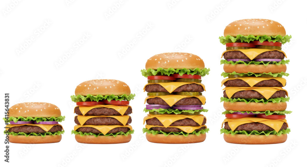 Poster progression of cheeseburgers from single patty to a towering stack on a black background image