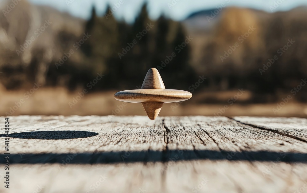 Poster a spinning top hovers above a rustic wooden surface, casting a sharp shadow. the background features