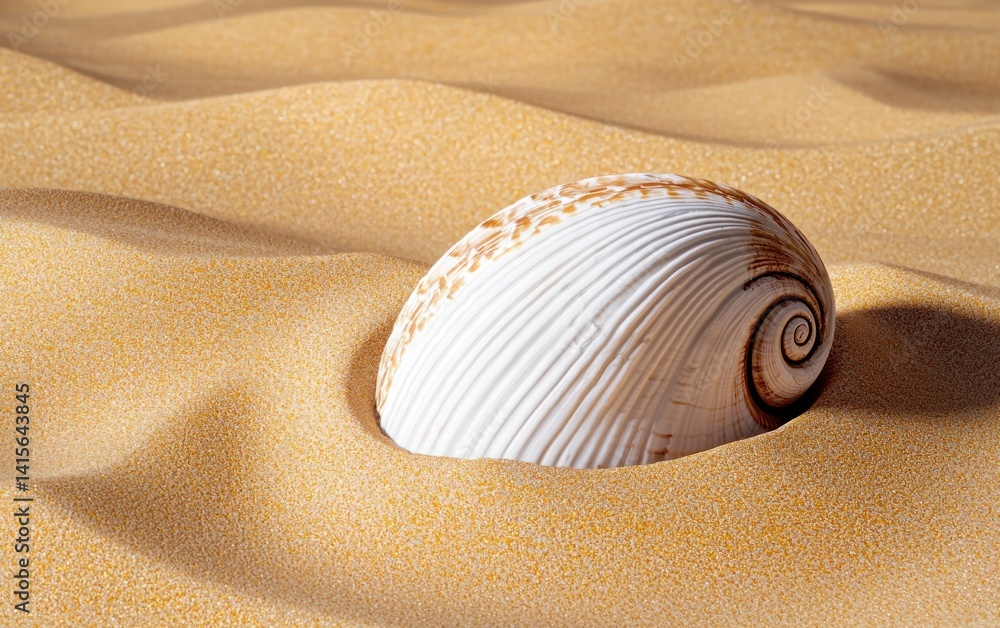 Poster close-up of a fossilized seashell partially buried in golden sand. the shell exhibits intricate spir