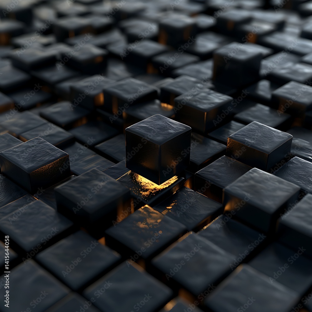 Poster abstract background of dark, textured cubes arranged in a grid pattern, with subtle warm light emana