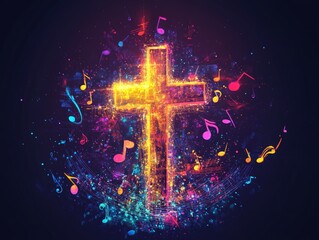Radiant Cross in a Symphony of Colors: A Musical Celebration of Easter, Hope, and Resurrection, where Faith and Harmony Converge in a Vibrant Display
