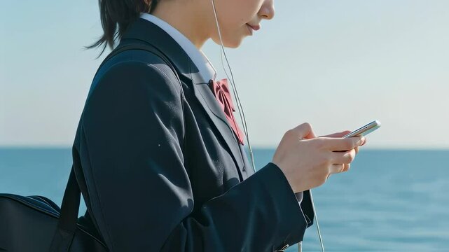 海岸沿いで、スマホを操作しながら歩く女子高生（鼻から下の画角）