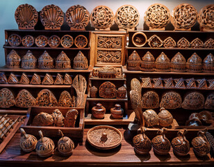 Intricately carved wooden handicrafts and souvenirs with traditional Malaysian motifs showcase the country's rich artistic heritage and craftsmanship.