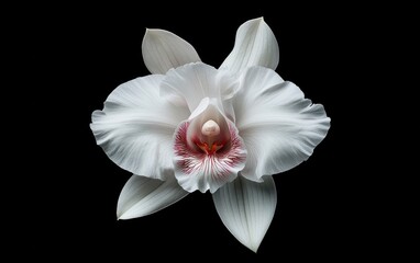 Fototapeta premium White orchid flower with maroon speckles levitates against a stark black background. The image is sharply focused, showcasing intricate details of the petals and the flower's structure. The lighting