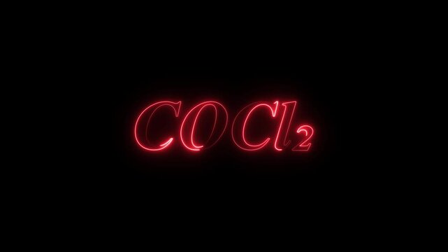 Glowing neon A COCl₂ (phosgene) molecule symbol with a smoke cloud text effect on a black background, representing chemistry, toxicity, and industrial hazards