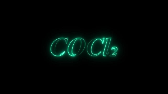 Glowing neon A COCl₂ (phosgene) molecule symbol with a smoke cloud text effect on a black background, representing chemistry, toxicity, and industrial hazards