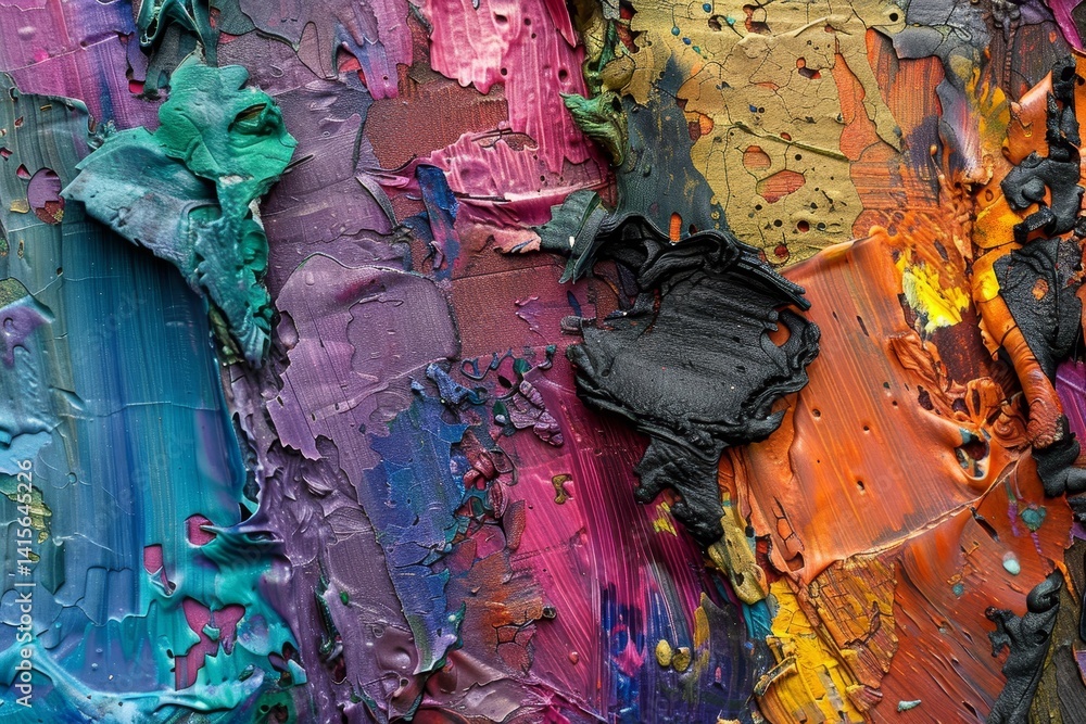 Aufkleber an abstract oil painting texture closeup with vibrant layers of color, layers of color that give the