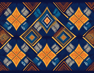 Traditional Malaysian ikat textiles with bold geometric patterns and rich colors represent a regional textile art form.