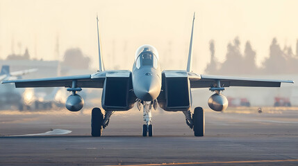 Military Fighter Jet On Runway At Sunrise