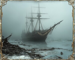 Ghostly Ship in Foggy Waters