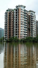 High rise apartment buildings reflected in brown colored flood water