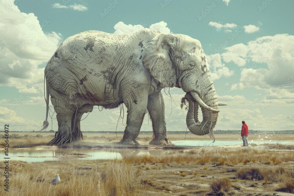 Poster a surreal interpretation of animals being saved from topaz by a giant elephant in a field under a cl