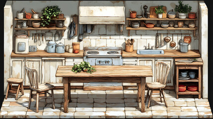 Rustic kitchen scene with wooden table chairs tiled walls countertop storage with pots pans plants and sink in neu