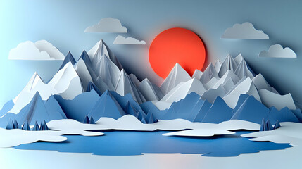 Scenic paper landscape featuring blue mountains a lake white clouds and a red sun against a blue sky background