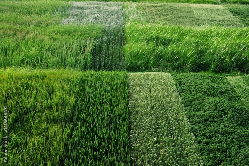 Poster a photograph of a field with different types of green crops, including grass and wheat, forming a pa