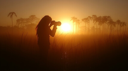 Silhouette of a photographer against a golden sunrise capturing misty scenery filled with trees and tall grass