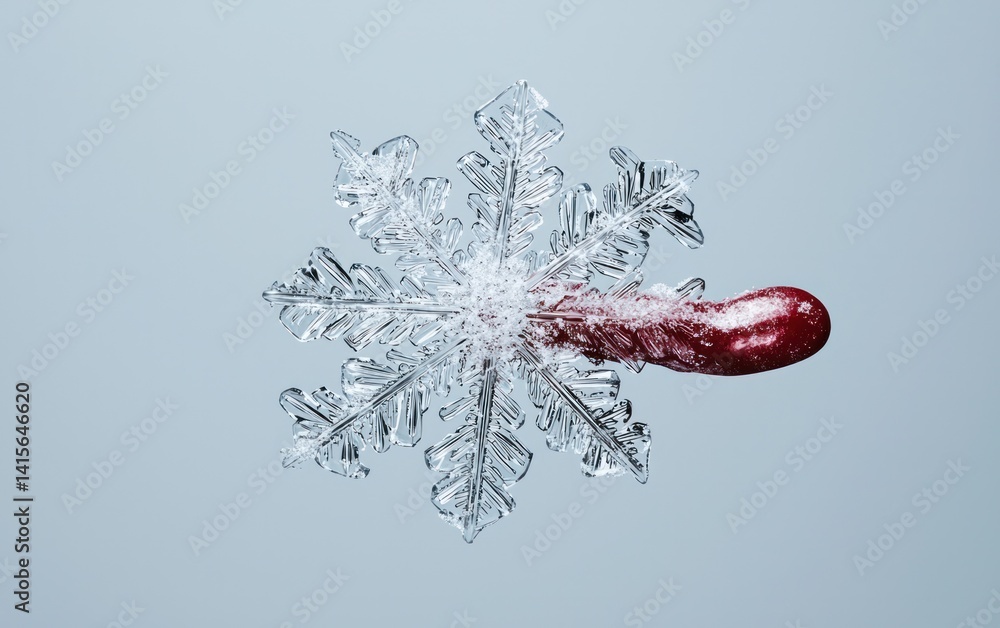Poster close-up shot of a tongue touching a detailed snowflake against a light-blue background. the snowfla