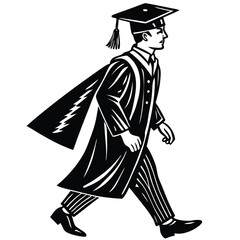 Walking Graduate in Cap and Gown Black and White Illustration