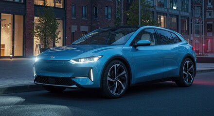 Fototapeta premium Modern Electric SUV Parked on City Street at Night