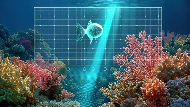 Underwater drone systems mapping coral reef ecosystems with 3D scan lines and data overlay, Underwater drone systems for coral scanning, eco-focused underwater drone systems in marine research.