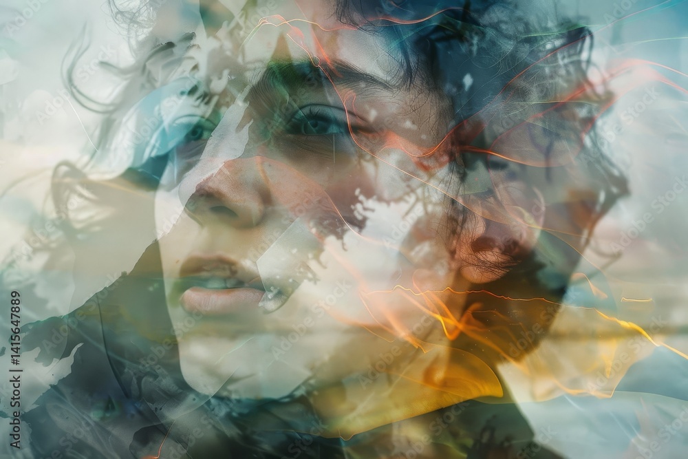 Aufkleber a close-up of a persons face with translucent layers of images creating a dreamlike effect, transluc