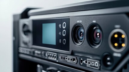 Close-up of a high-tech camera control panel showcasing buttons, lenses, and a sleek design in a studio setting