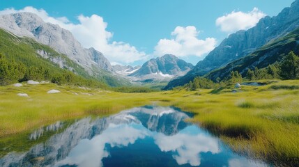 Serene mountain valley reflected in a tranquil alpine lake. Lush green meadows meet towering gray peaks beneath a vibrant blue sky.  Crystal-clear water mirrors the surrounding landscape
