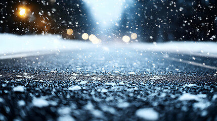 Snowy Road At Night Under Falling Snow