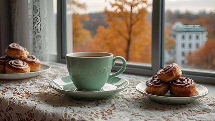 Warm Mint Tea with Cinnamon Rolls on a Cozy Table by a Window  